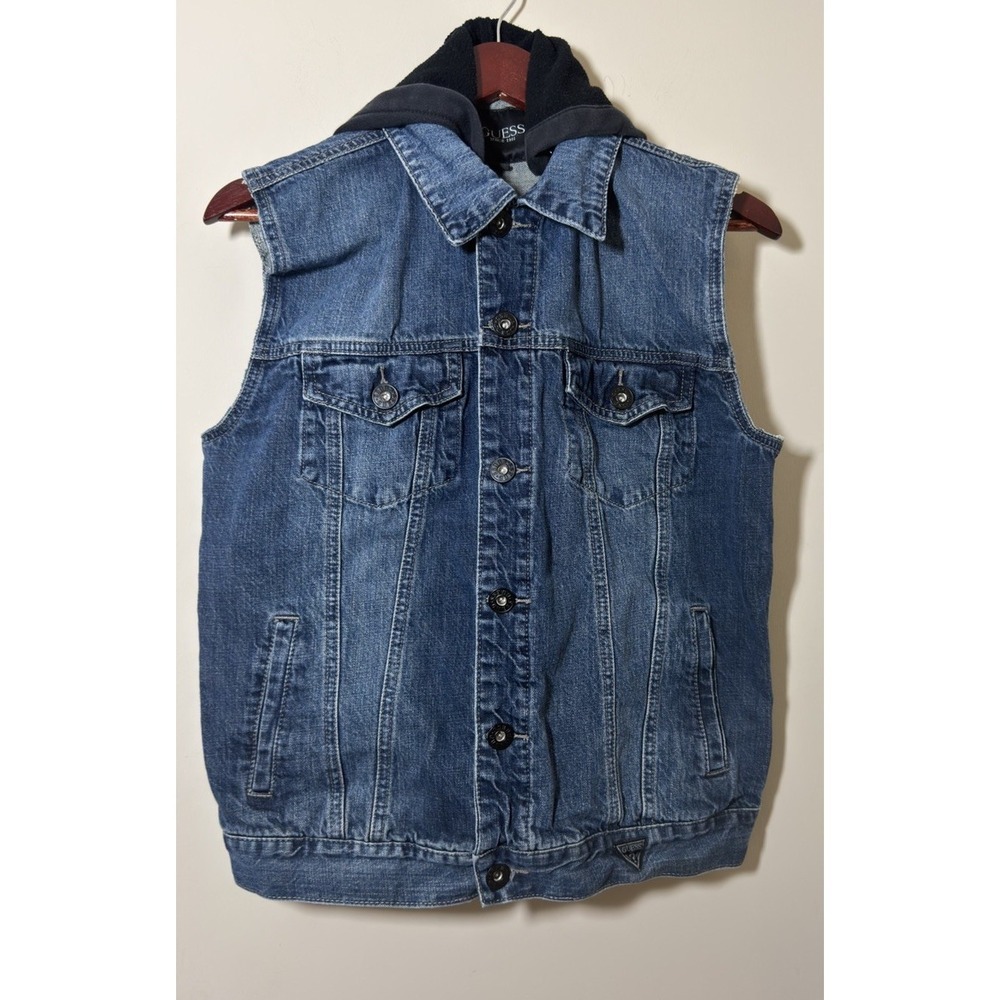 Mens Guess Jean Vest With Detachable Hood Size Medium Biker Skater Retro